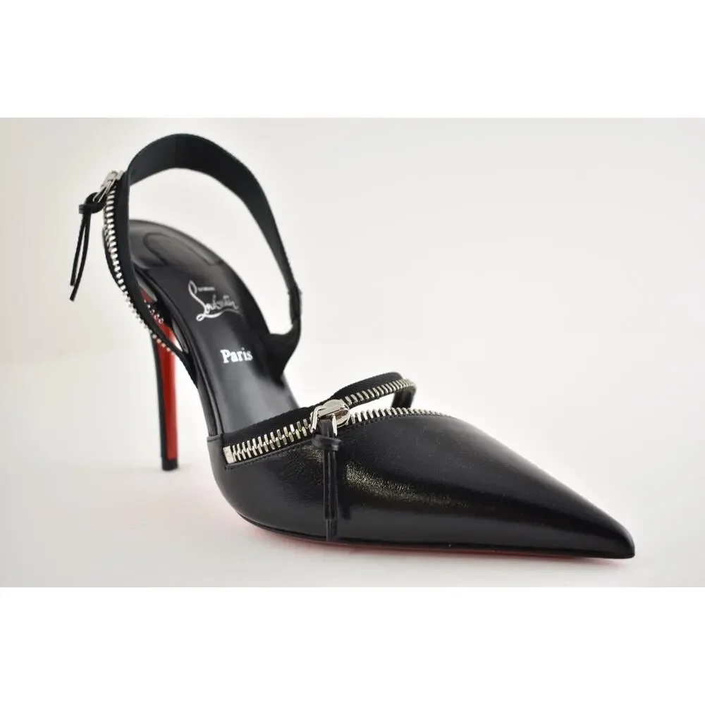 Christian Louboutin Slingyzip 100 Black Leather Zipper Slingback Heel Pump 38